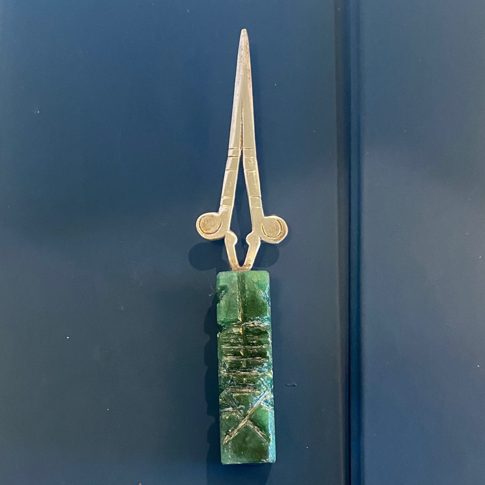 Vintage Sterling 925 Carved Green Stone Letter Opener  Mexico
